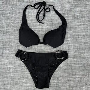 Daniela Corte Bikini Set Womens XS 38 Black Halter Metal O Ring Details Beach‎